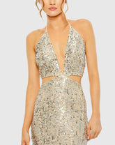 Silver and Beige Cut Out Halter Tie Back Sequin Gown
